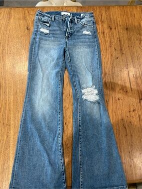 Distressed Light Blue Flare Jeans - Casual Wide Leg